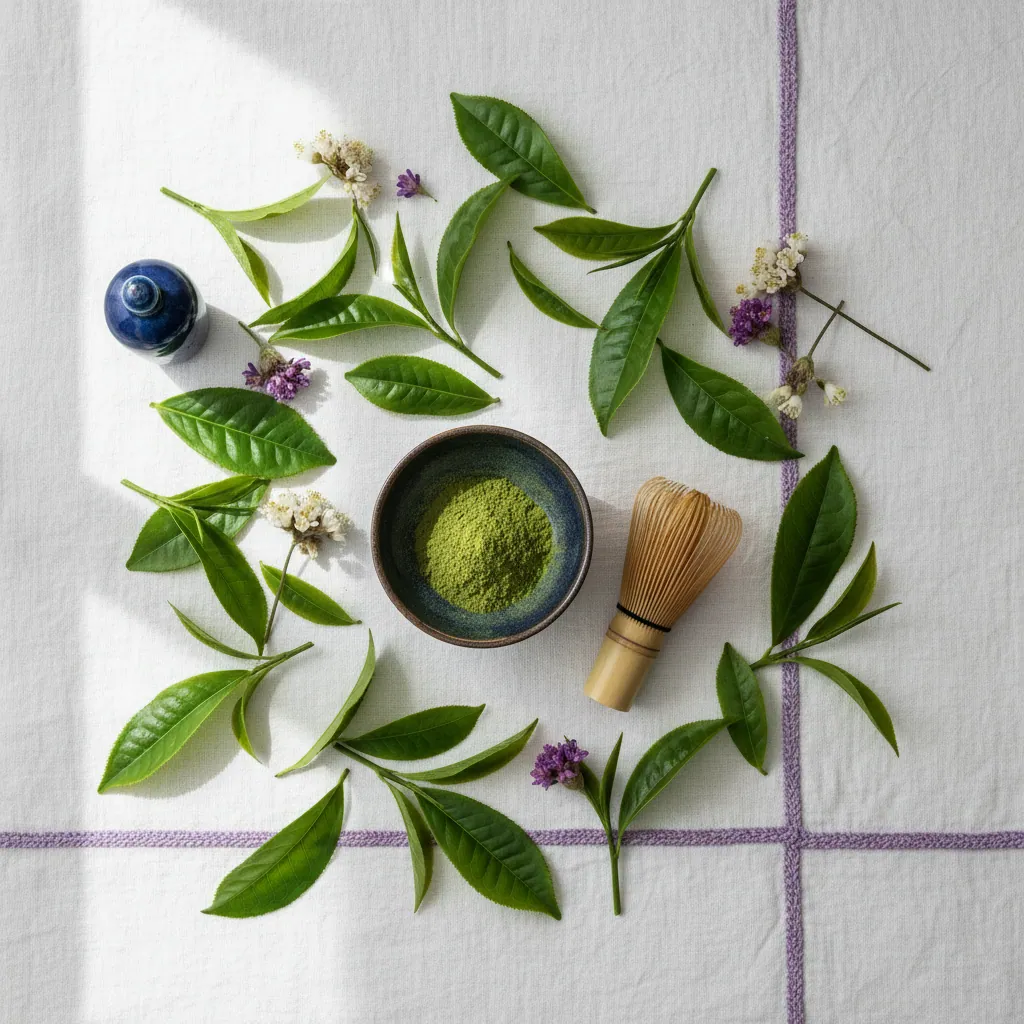 Fresh green tea leaves and matcha powder flat lay - green tea extract supplement daily wellness