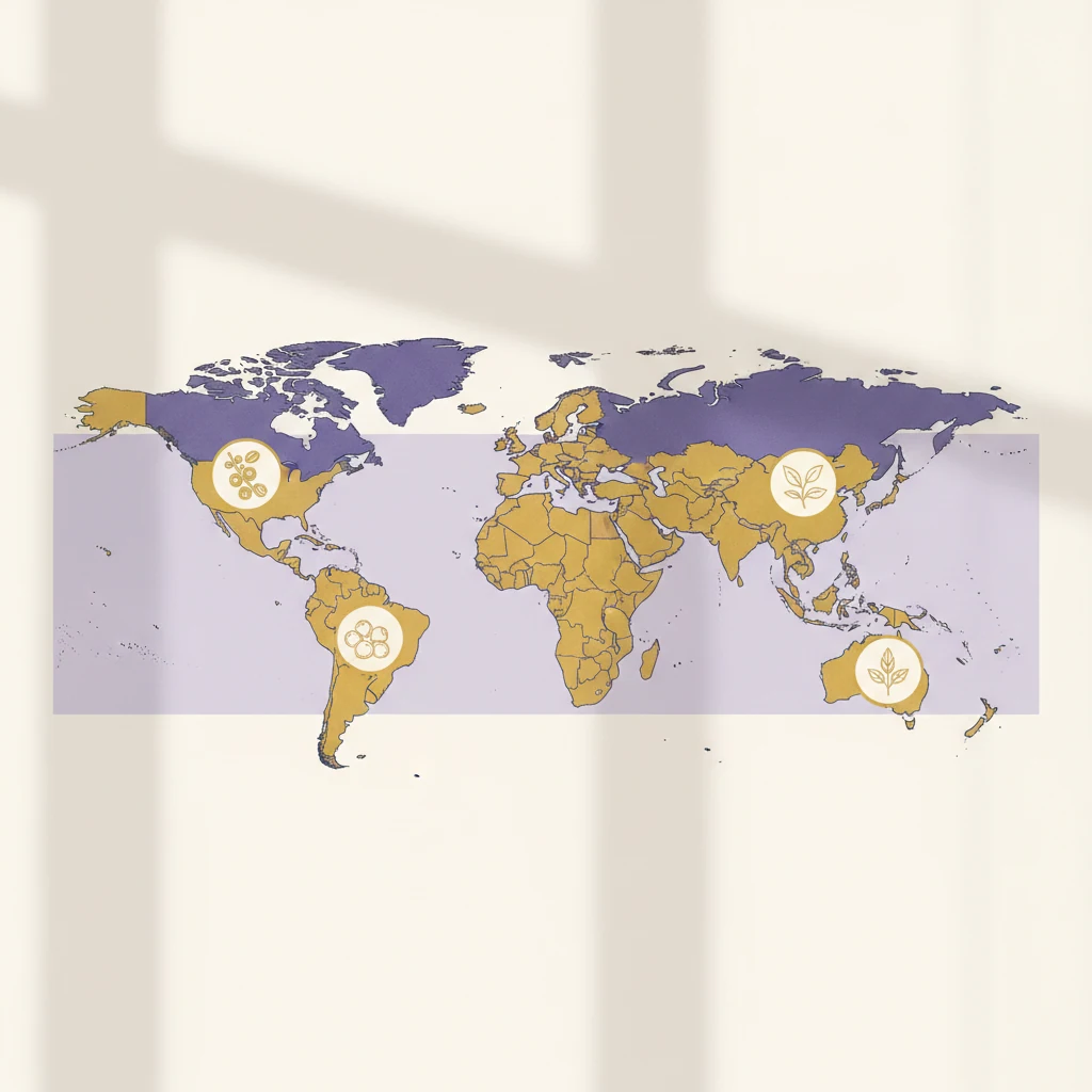 Illustrated world map showing botanical ingredient origins - green coffee (South America), guarana (South America), green tea (Asia), native botanicals (Australia and Africa)